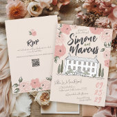 ハンドドローユニークドヴィラピンクグリーンフローラズ結婚 招待状