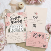 ハンドドローユニークドヴィラマナーピンクフローラズ結婚 出欠カード