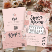 ハンドドローユニークドヴィラマナーピンクフローラズ結婚 出欠カード