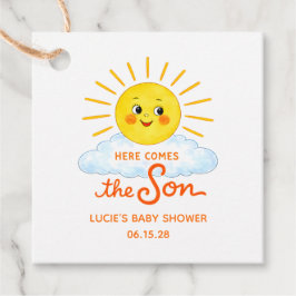 ハンドドローンスタイルのサンシャインベイビーシャワー「Here Comes the Son」 フェイバータグ