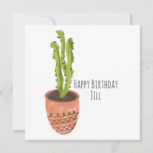 ハンドドローンテラコッタサボテン植物 誕生日 カード (正面)