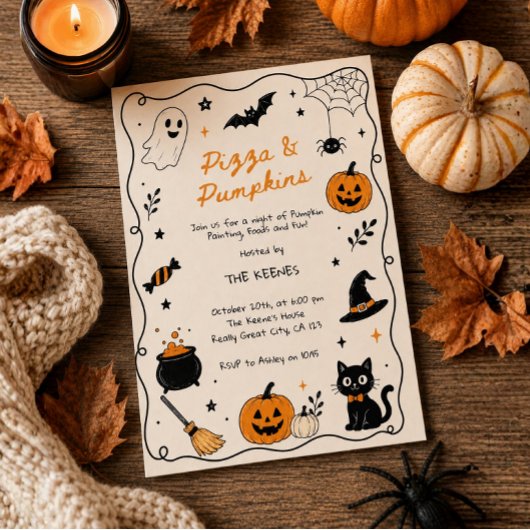 ハンドドローンピザとカボチャのハロウィンペイント 招待状