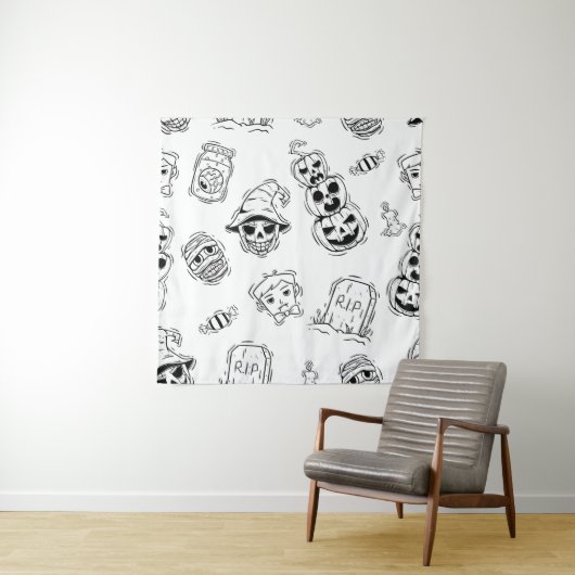 ハンドドロー付きハロウィーンアイコンのシームレスなパターン タペストリー (インサイチュ)