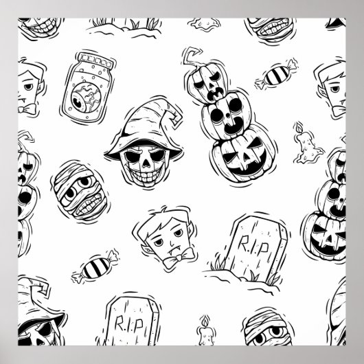 ハンドドロー付きハロウィーンアイコンのシームレスなパターン ポスター (正面)