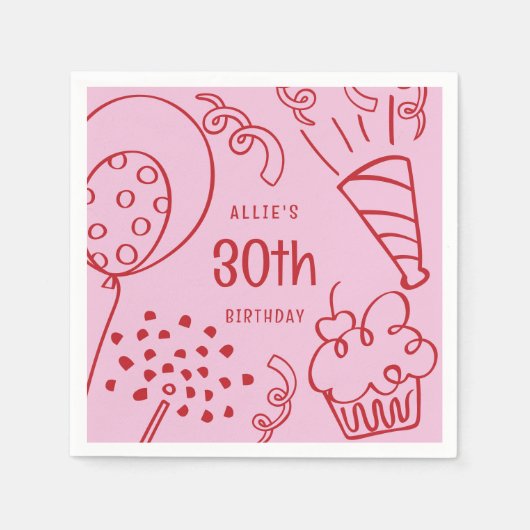 ハンドドロー任意の年齢の誕生日パーティーバルーンピンクレッド スタンダードカクテルナプキン (正面)
