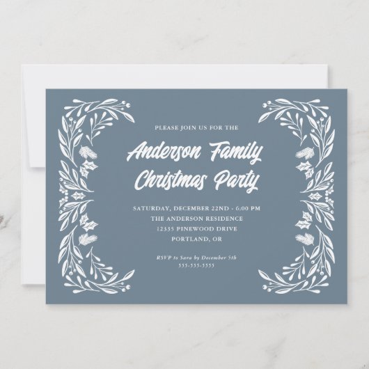 ハンドドロー冬の緑の家族のクリスマスパーティー 招待状 (正面)