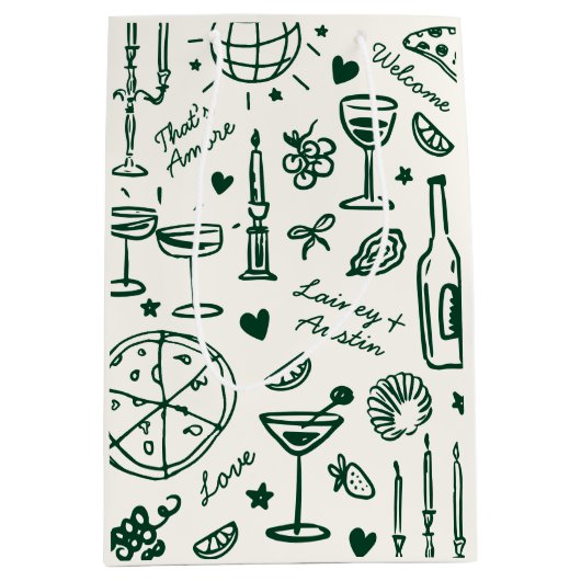 ハンドドロー図解入りの、写真付きのドの結婚歓迎抱き枕 ミディアムペーパーバッグ (正面)