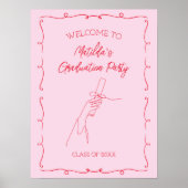 ハンドドロー図解入りの、写真付きのドピンク&レッド卒業パーティー ポスター (正面)