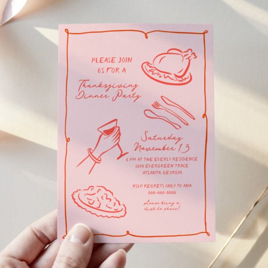ハンドドロー感謝祭ディナー招待状 シーズンカード