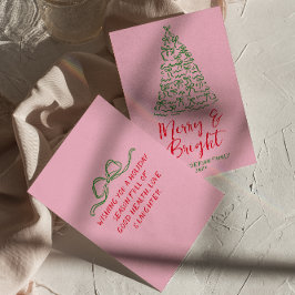 ハンドドロー書ドレッドピンク弓ツリークリスマス シーズンカード