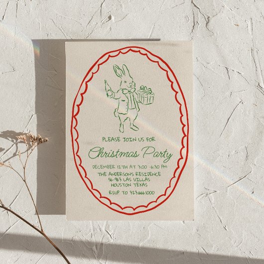 ハンドドロー素朴ド緑の赤いクリスマスラビットパーティー 招待状