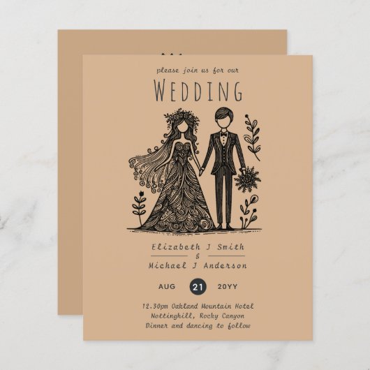 ハンドドロー結婚ドの漫画の新郎新婦テラコッタ (正面/裏面)