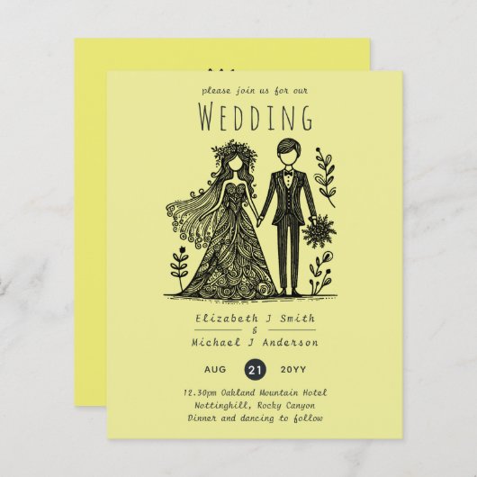 ハンドドロー結婚ドの花嫁の花婿イエロー (正面/裏面)