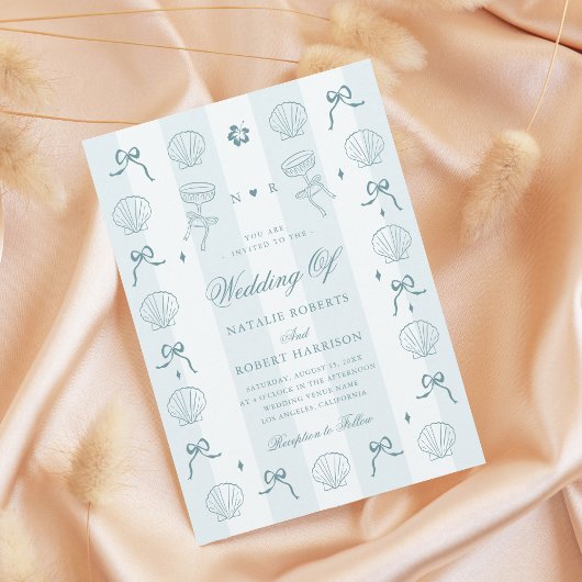 ハンドドロー航海のド海岸青結婚殻 招待状