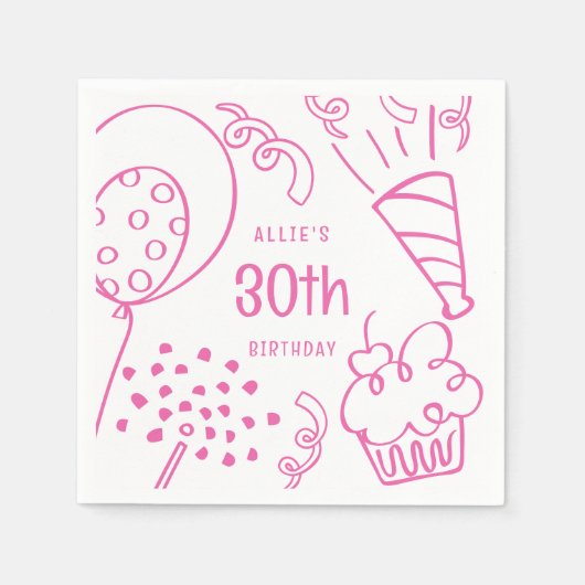 ハンドドロー誕生日パーティー任意の年齢ホットピンク スタンダードカクテルナプキン (正面)