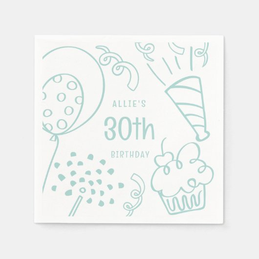 ハンドドロー誕生日パーティーAny Ageパステルグリーン スタンダードカクテルナプキン (正面)