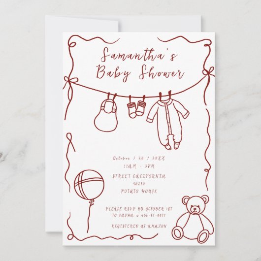 ハンドドロー赤ちゃん服ベビーシャワー 招待状 (正面)