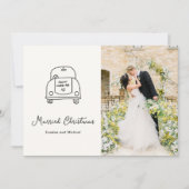 ハンドドロー車のドードル新モダン婚クリスマス シーズンカード (正面)