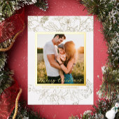 ハンドドロー金ゴールド&ホワイトフローラメリークリスマス 箔シーズンカード