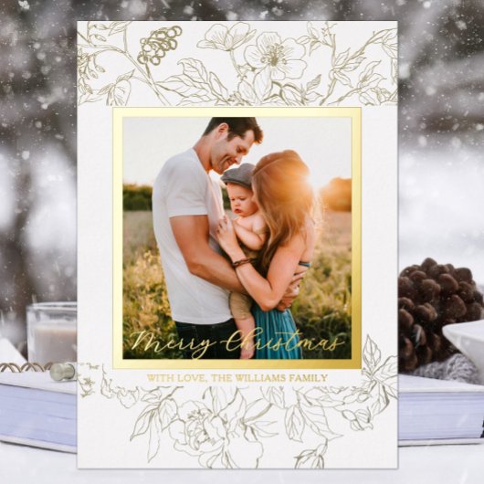 ハンドドロー金ゴールド&ホワイトフローラメリークリスマス 箔シーズンカード