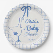 ハンドドロー青いガチョウ間抜けリボン赤ちゃんシャワー ペーパープレート (正面)