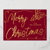 ハンドドローHolly Berry Burgundy 2フォトクリスマス 箔シーズンカード (正面)