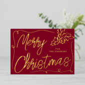 ハンドドローHolly Berry Burgundy 2フォトクリスマス 箔シーズンカード (立ち正面)