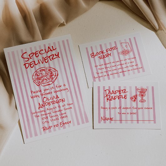 ハンドドーンピンクピザスペシャルデリバリーベビーシャワー 招待状
