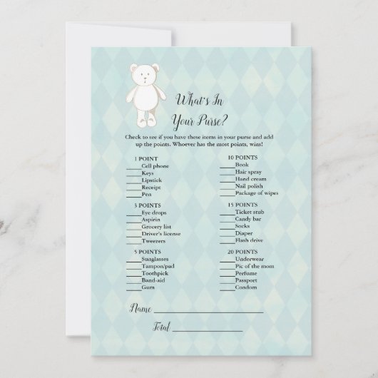 ハンドバッグの赤ちゃんシャワーゲームで白いテディベア 招待状 (正面)