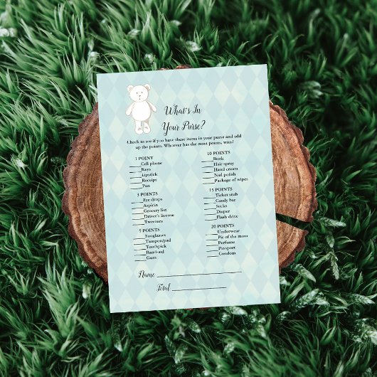 ハンドバッグの赤ちゃんシャワーゲームで白いテディベア 招待状