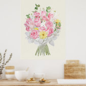 ハンドピ絵を描ックローズと黄色のデイジーブーケは ポスター (キッチン)