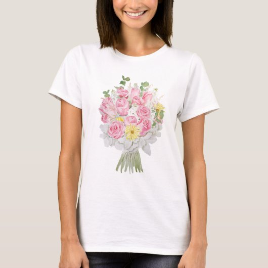ハンドピ絵を描ックローズと黄色のデイジーブーケ Tシャツ (正面)