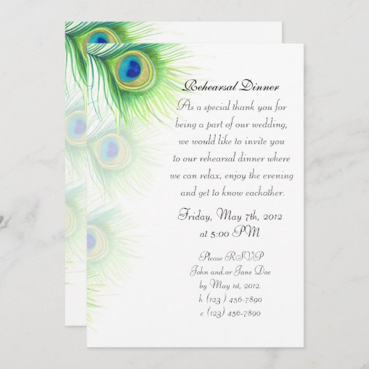 ハンドピ絵を描ーコック羽毛リハーサルディナー 招待状 (正面/裏面)