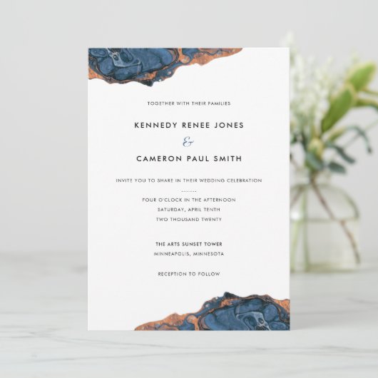 ハンドブルー色彩の鮮やかマーブルカスタムウェディング招待状 招待状 (スタンド正面)