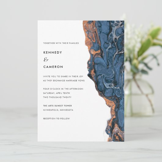 ハンドブルー色彩の鮮やかマーブルカスタムウェディング招待状 招待状 (スタンド正面)