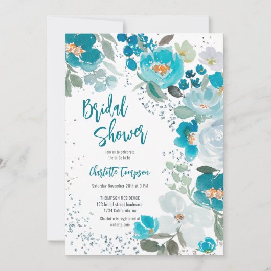 ハンドブ絵を描ルーシックフローラ冬ブライダルシャワー 招待状 (正面)