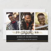 ハンドプリント卒業生 |黒と金ゴールドの線 招待状 (正面)