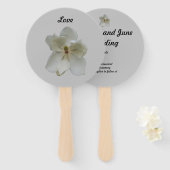 ハンドヘルドファンプログラム上の白いマグノリア花 ハンドファン (正面&裏面)