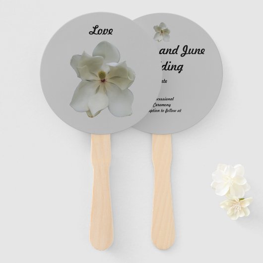 ハンドヘルドファンプログラム上の白いマグノリア花 ハンドファン (正面&裏面)