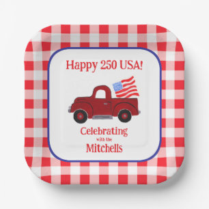 ハンドペイント ビンテージ トラック 250 USA フラッグ レッド ギンガムチェック ペーパープレート