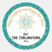 ハンドホワ色彩の鮮やかイトアクアスノーフレークホリデーグリーティング ラウンドシール (正面)