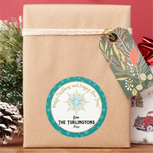 ハンドホワ色彩の鮮やかイトアクアスノーフレークホリデーグリーティング ラウンドシール (クリスマス)