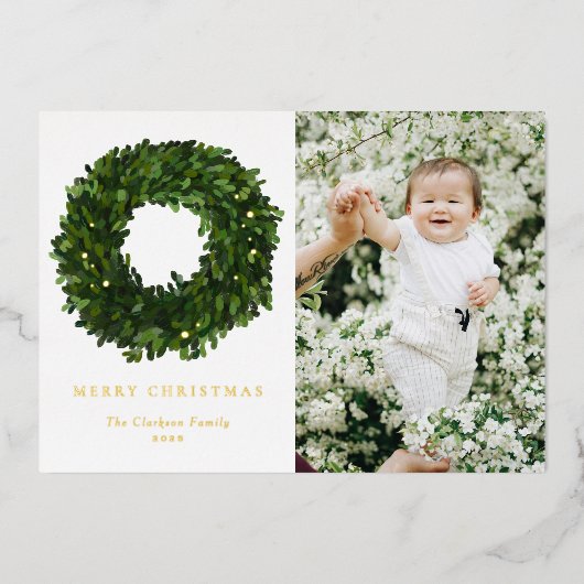 ハンドボク絵を描ウッドリースメリークリスマスフォト 箔シーズンカード (正面)