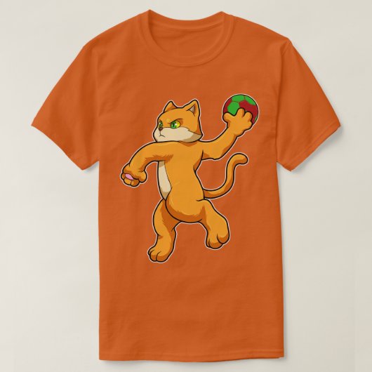 ハンドボールでジャンプする猫 Tシャツ (デザイン正面)