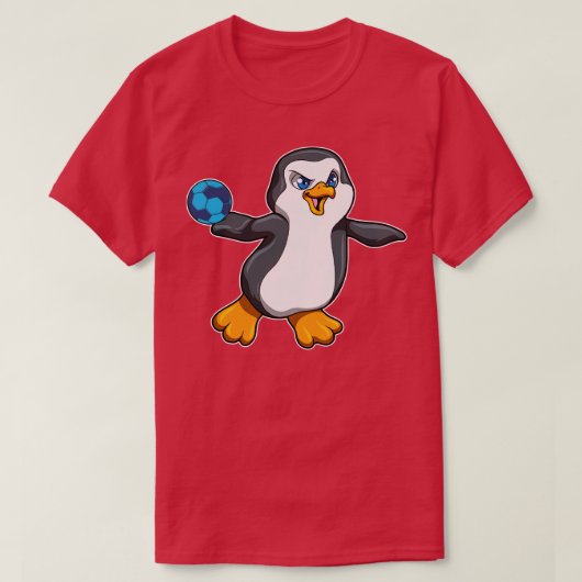 ハンドボールでスポーツをするペンギン Tシャツ (デザイン正面)