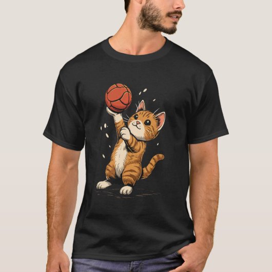 ハンドボールをする猫 Tシャツ (正面)