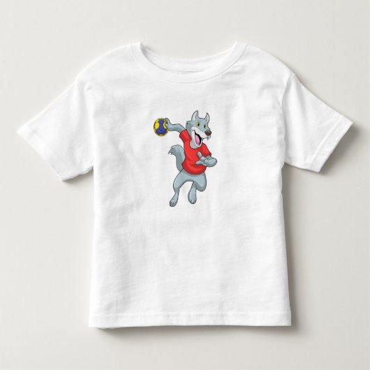 ハンドボールを持つハンドボール選手としてのオオカミ トドラーTシャツ (正面)