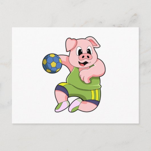 ハンドボール選手として描かれた豚とハンドボール ポストカード (正面)