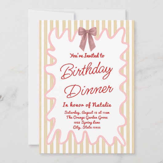 ハンドボー絵を描写真ストライプ誕生日ディナー 招待状 (正面)