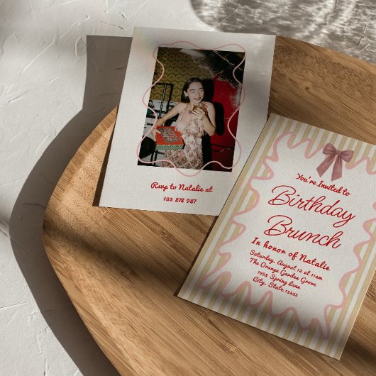 ハンドボ絵を描ウ写真ストライプ誕生日ブランチ 招待状